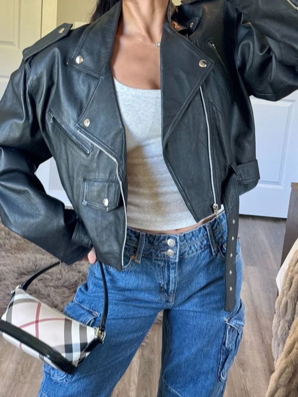 Vtg Wilsons Cropped Leather Jacket Womens L 90s Moto Bikercore Motorcycle Belted